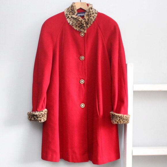 Herman Kay Vintage Women's  Faux Leopard Fur Trim Red Wool Swing Coat sz Medium - Picture 1 of 8